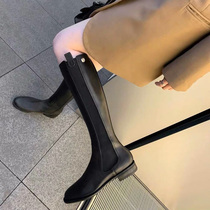 bi into the super thin~ins small fragrance leather knight boots flat black elastic belt knee-length boots