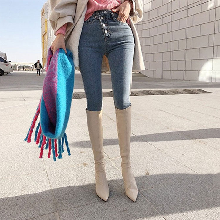 Super elegant giant thin ~ pointed thin-heeled boots Women's high-heeled knee-high boots White boots leather tide