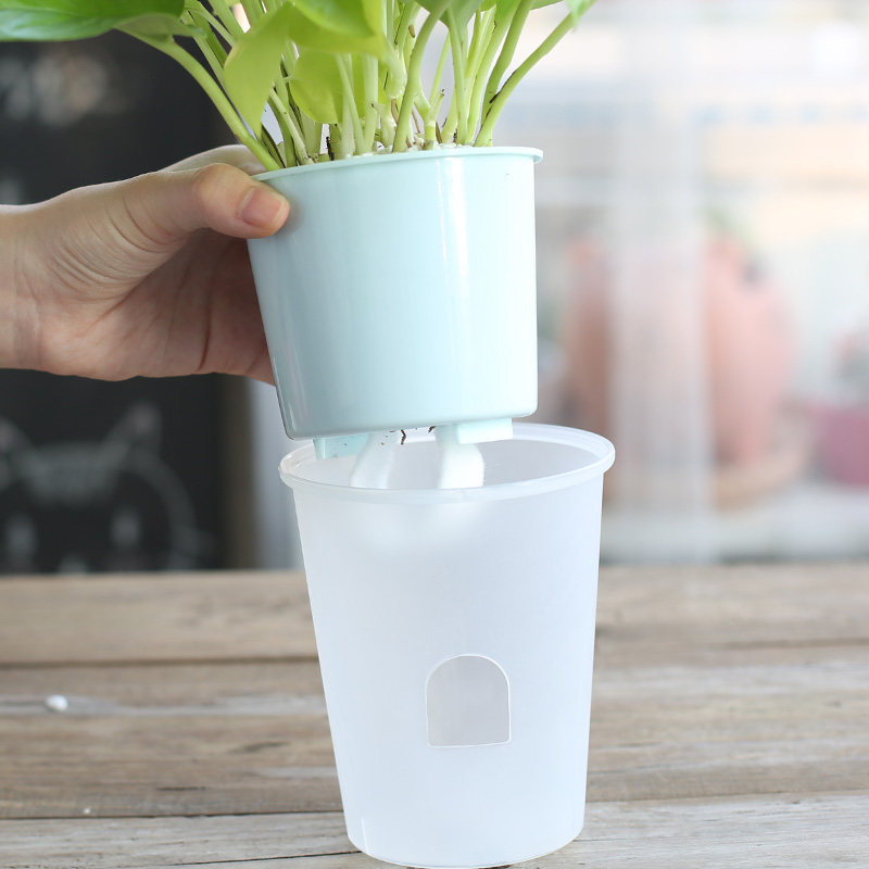 Double layer transparent plastic Automatic suction flower pot sloth free of watering desk face round small potted plant planting basin-Taobao