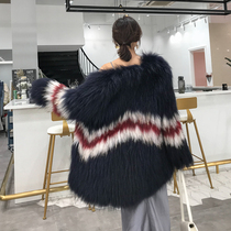  Raccoon hair braided fur coat womens medium-length contrast long sleeves Korean round neck anti-season 2021 winter new