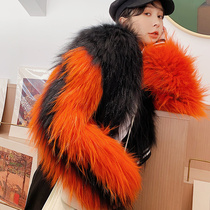  Raccoon hair woven fur jacket womens short sports baseball contrast color slim slim long sleeves 2021 winter new
