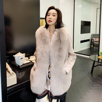  Imported whole leather fox fur grass vest womens mid-length horse clip fluffy vest young pocket 2021 winter new
