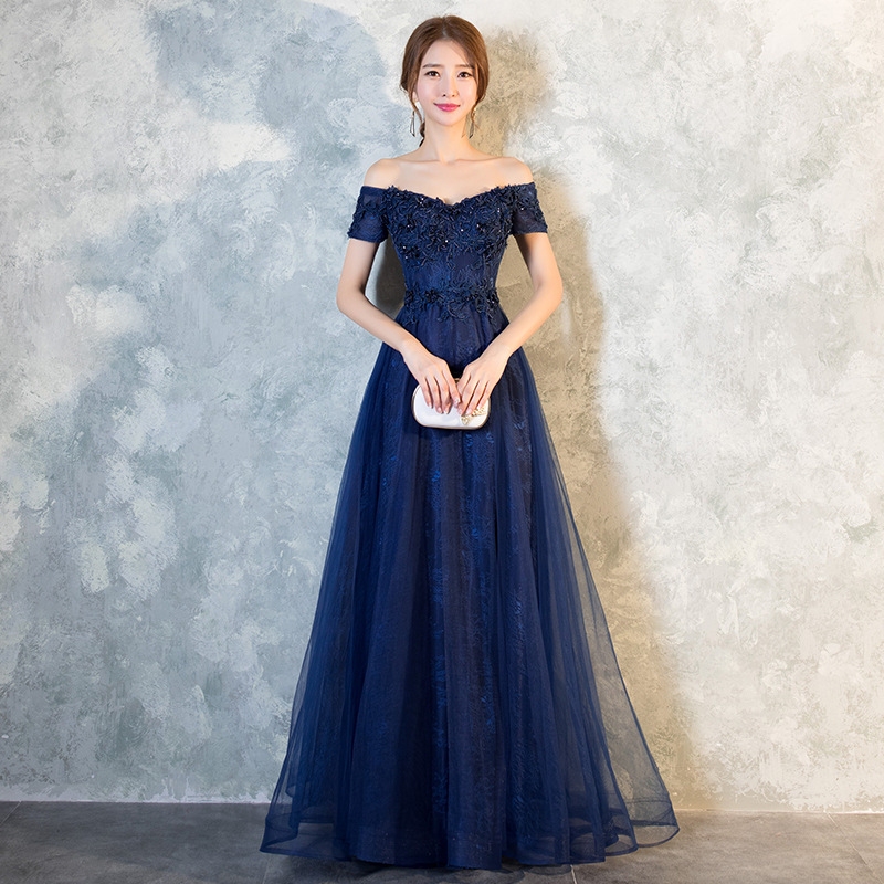One-Shoulder Evening Dress for Women Long Blue 2023 Spring New Fashion Socialite Host Banquet Elegant Lady