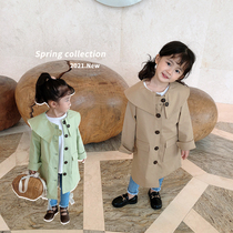 Childrens long trench coat solid color outside wear girls foreign style fashion loose top baby casual single-breasted coat