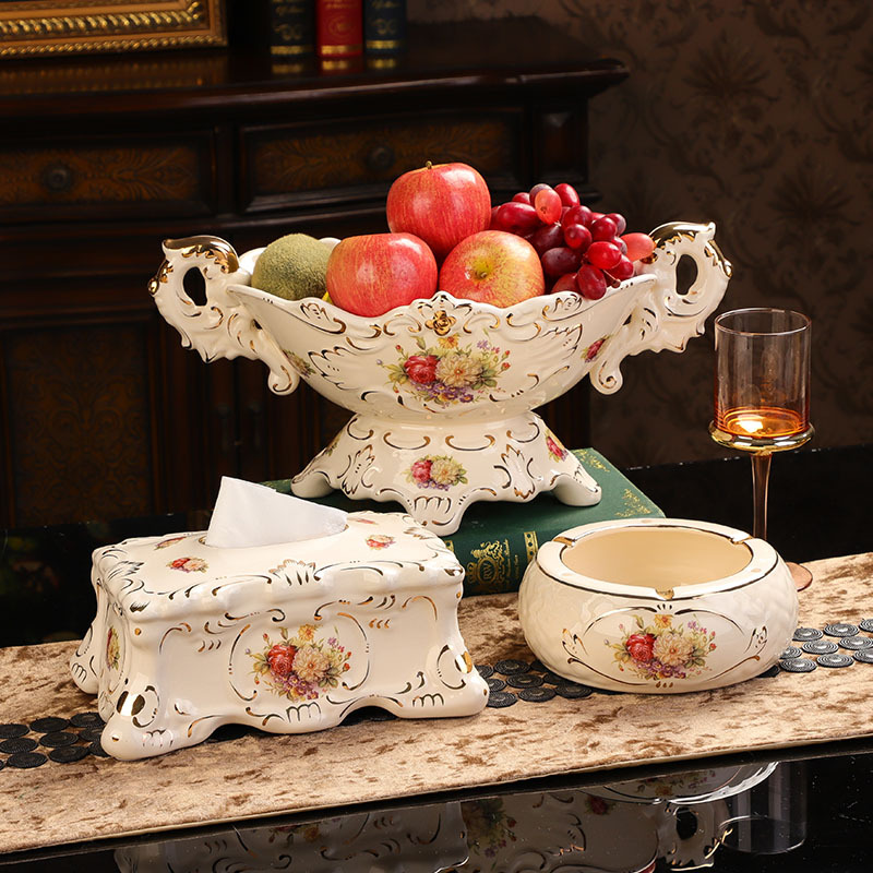 European-Style Fruit Plate, Ceramic Home Living Room Coffee Table Decoration, Snack Fruit Plate, Tissue Box, Remote Control Box, High-End Luxury