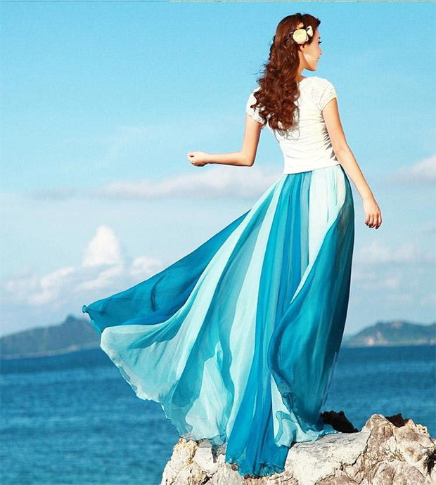 Đầm lụa vàng nửa dài mùa xuân đôi màu sắc phù hợp với áo ba lỗ xếp li cổ tích bãi biển hai chiếc váy xòe lớn mùa hè - Váy chân váy midi dài