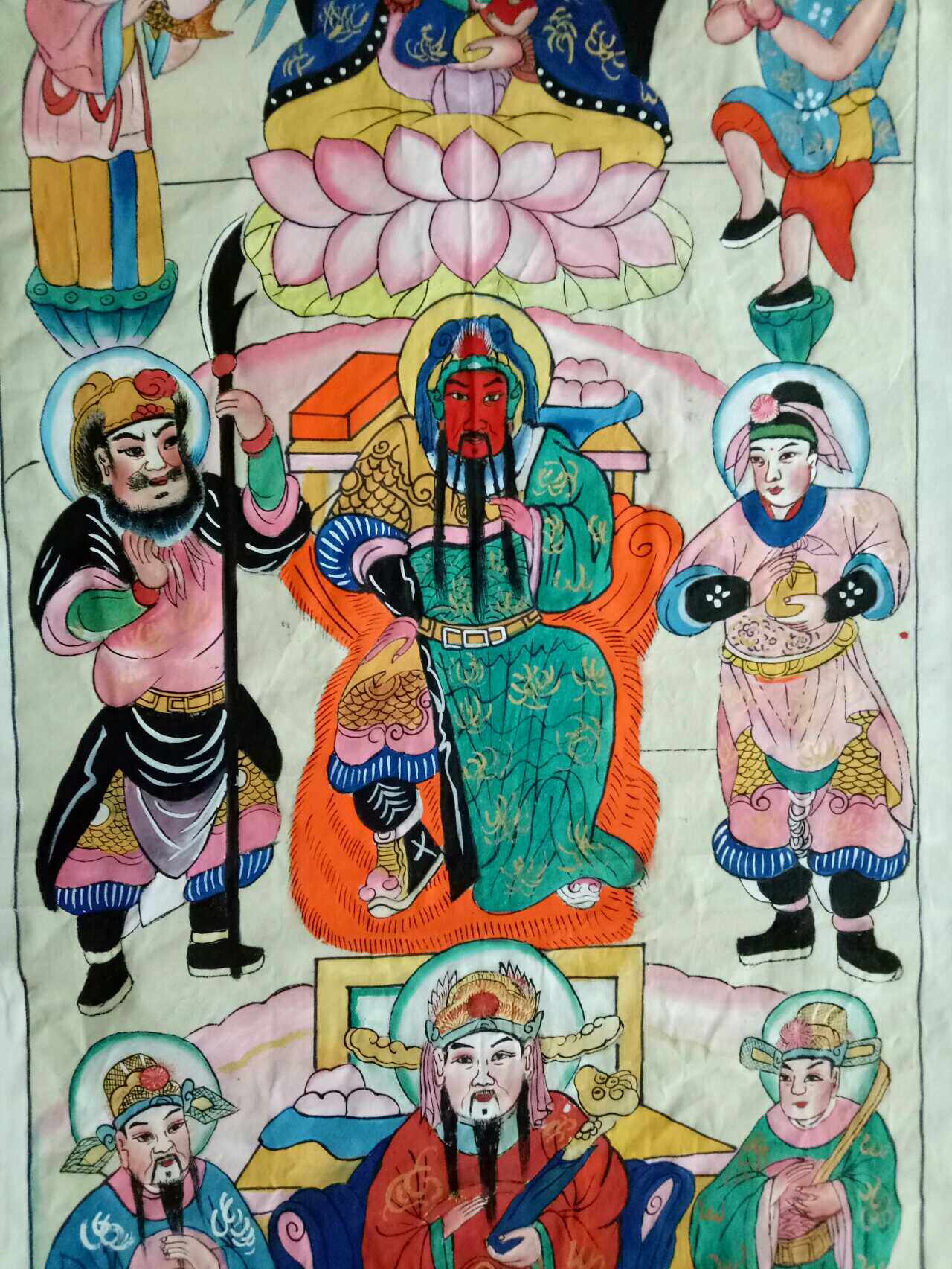 Hand-painted new year painting on handmade cotton on the patronage of the Treasure Family Guanyin Bodhisattva Wenwu God of Wealth
