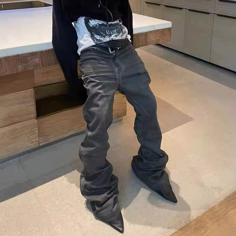 Retro Goth Style Washed Black and Gray Coated Waxed Pants High Street Slimming Flared Stacked Denim Jeans for Men