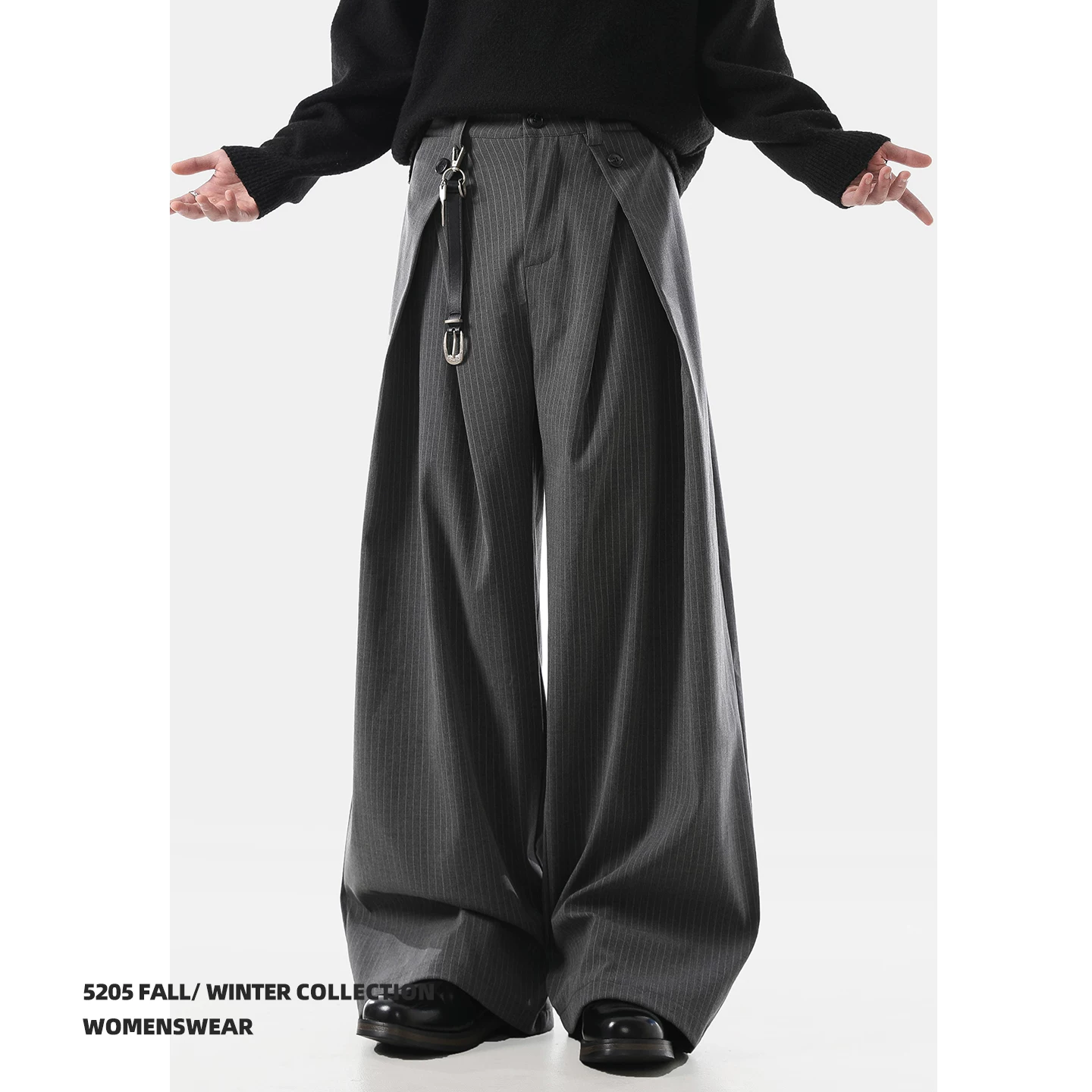 ACRARDIC2026 old money style gray pleated A-line wide-leg trousers for men and women silhouette commuting striped casual pants