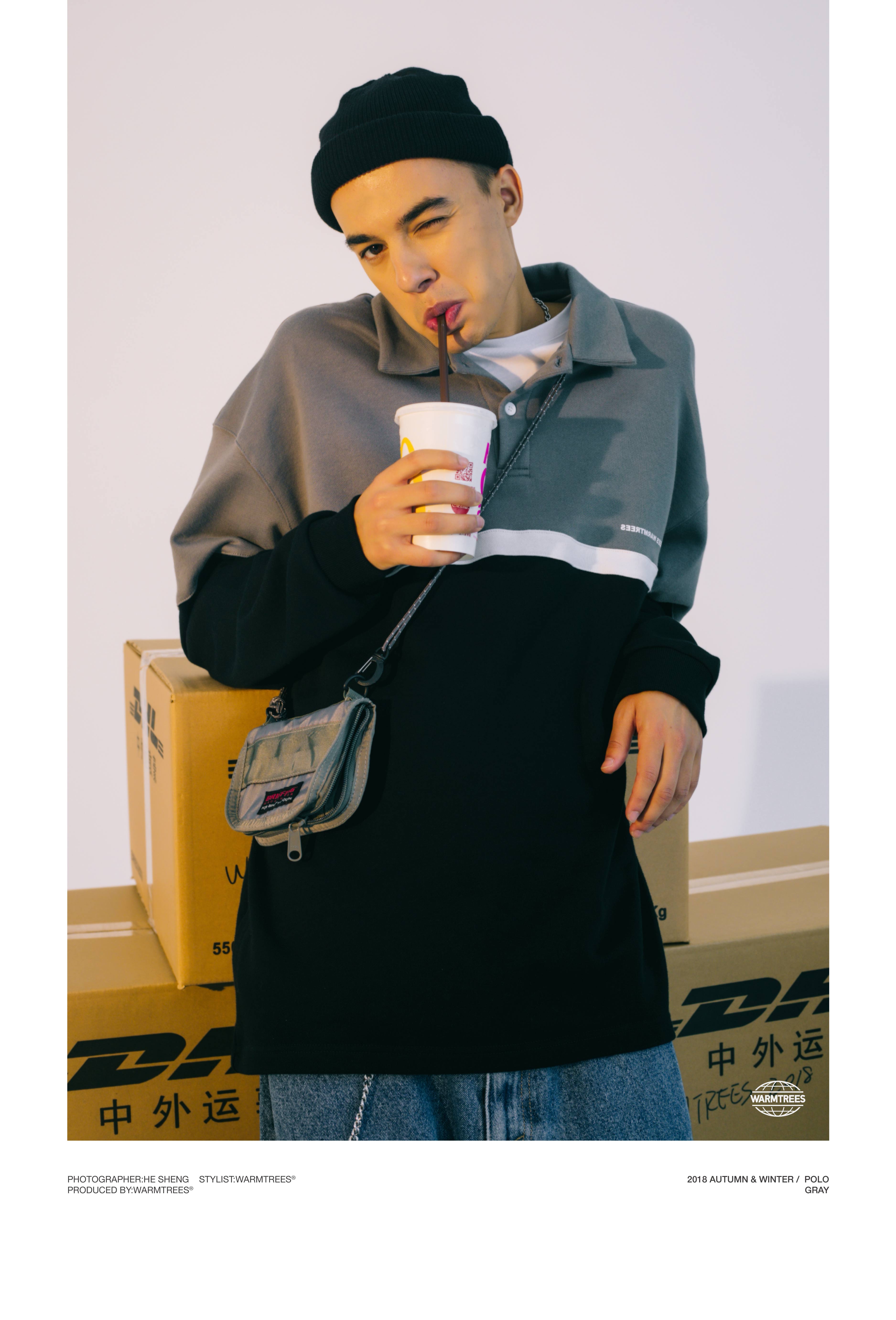 WARMTREES 2018AW màu tương phản khâu áo sơ mi dài tay nam và nữ thủy triều thương hiệu retro áo len lỏng lẻo áo thun polo nam