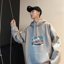  @Fangshao mens Hong Kong style autumn chic printing plus velvet sweater mens Korean version of the couple hooded thickened jacket trend