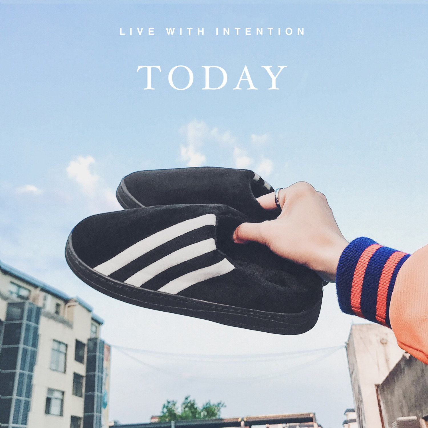 方少男装2017秋冬新款时尚潮流加绒拖鞋拼色居家情侣休闲棉拖鞋男