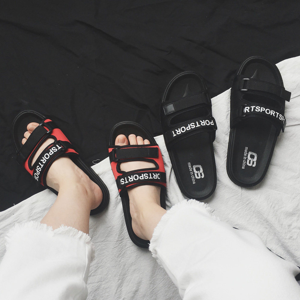 方少港风男装夏季青少年魔术贴撞色拖鞋男学生室外沙滩鞋一字拖潮