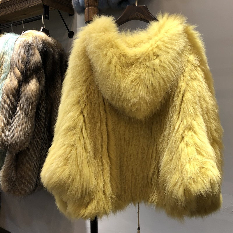 European station 2021 winter new imported Finnish car strip fox fur knitted coat hooded bat fur coat