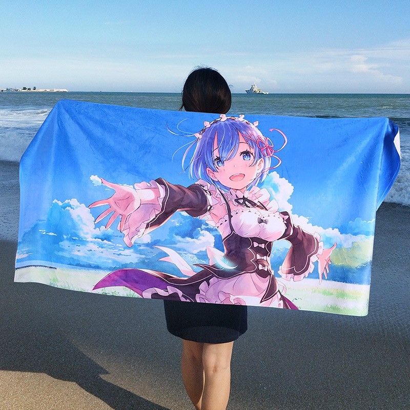 Two-Dimensional Anime Towel, Cat Feather Cartoon Pure Cotton Bath Towel, Rem Genshin Impact Print, Seaside Beach Towel Gift Item