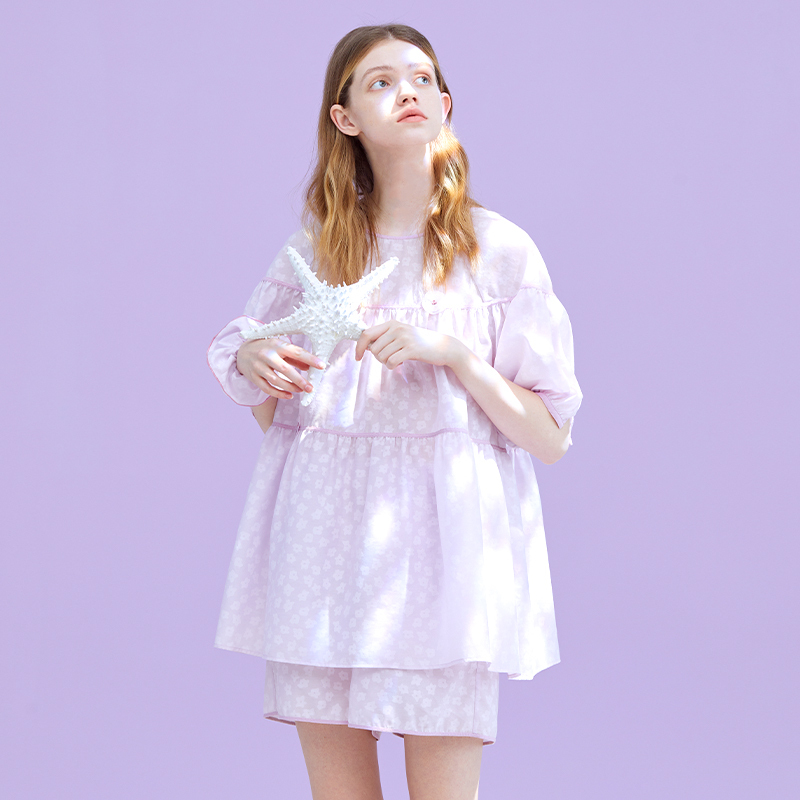 Duoduo Keke Spring and Summer Pajamas for Women, Floral Embroidery, Round Neck, Cute Babydoll Shirt, Comes with Matching Hair Tie, Pajama Set