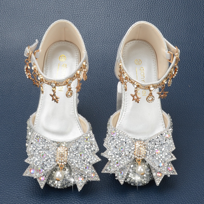 Girls' Silver Princess Shoes with Bow, Little Girl's Crystal Shoes, Rhinestone Soft-Soled Dress Shoes, Children's High Heels