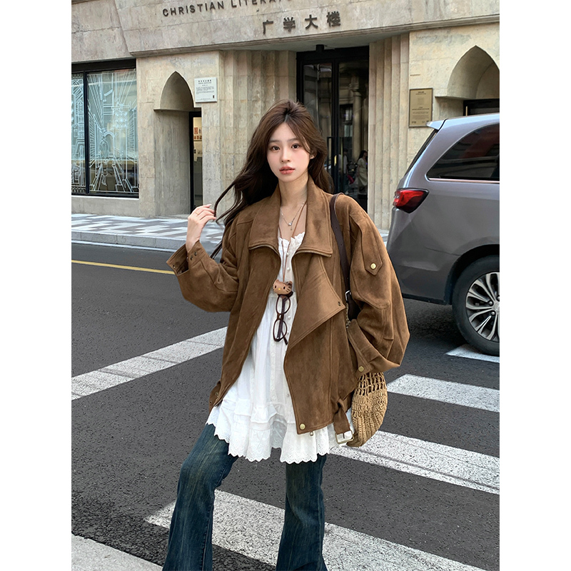 Adan Suede Motorcycle Jacket Spring Vintage Melard Casual Loose Lazy Lapel Silhouette Jacket for Women