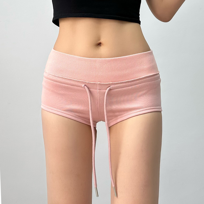 2025 European and American Summer Trendy Drawstring Ultra-Short Hot Pants Terry Cotton Low-Waist Short Front Long Back Fitness Sports Pants