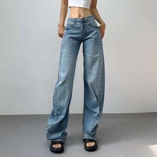 2025 New Style Staggered Seam Twisted Pleated Low-Waist Scimitar Jeans Loose Slimming Wrinkled Long Pants Stacked Pants