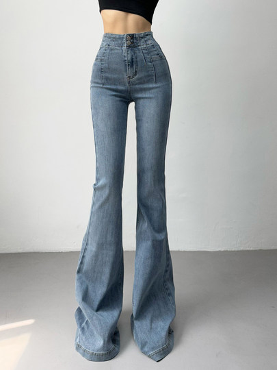 European and American new retro high-waisted buttocks, long-legged and slightly flared trousers, floor-length, versatile, high-elastic jeans for women, trendy