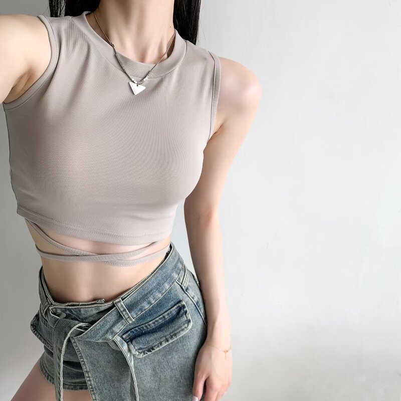 American Retro Style Small Round Neck Tight-Fitting Short Lace-Up Tank Top High-Waisted Navel-Baring Slimming Solid Color Vacation Top for Women Trendy