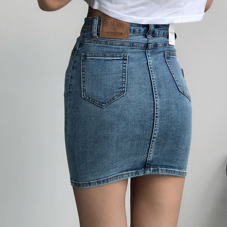 Châu Âu và Hoa Kỳ eo cao thon cao váy denim co giãn chân ngắn khoe túi hông váy bước chân váy denim - Váy chân váy xẻ tà