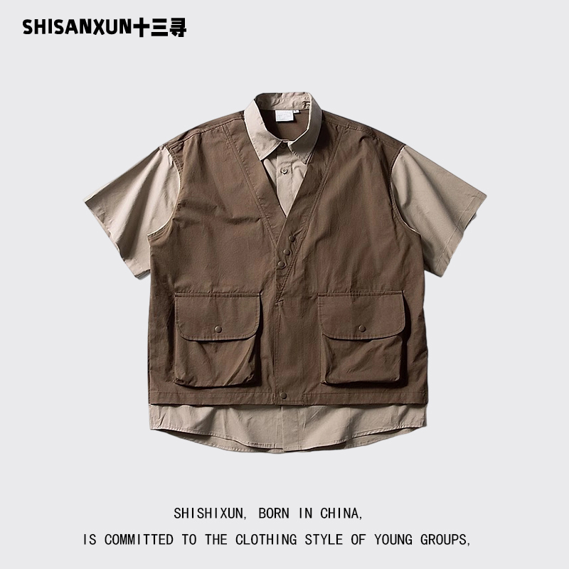 Shisanxun Retro Japanese Style Fake Two-Piece Patchwork Short-Sleeve Shirt Men's Workwear Loose Casual Outdoor Shirt Trendy