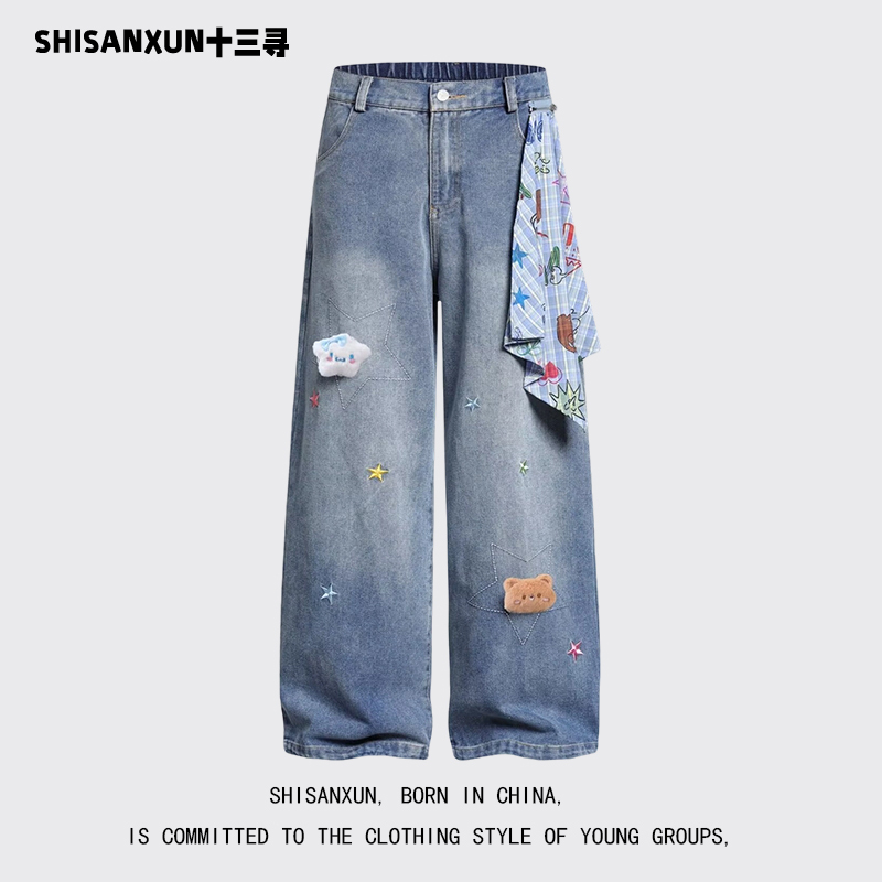Shisanxun American-Style Star Embroidery Bear Plaid Square Scarf Denim Pants Unisex Loose Straight Wide-Leg Pants