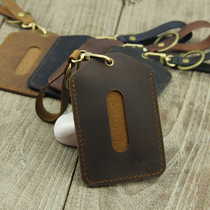 Handmade cowhide bus card cover Crazy horse leather mini keychain Student campus card door card cover protective cover