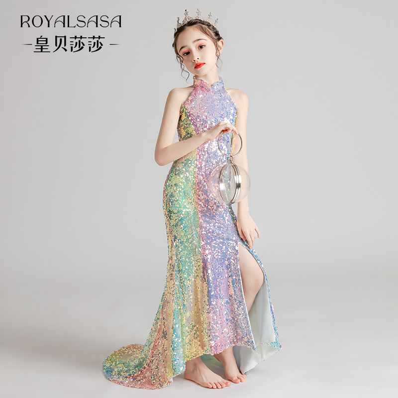 Girls' Formal Dress with Sequins, Mermaid-Style, Suitable for Hostess, Piano Performance, Model Runway, Children's Trailing Princess Gown