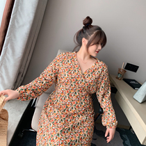 ALIN custom large size women's 2020 spring new long sleeve floral v-neck dress fat mm loose slim skirt
