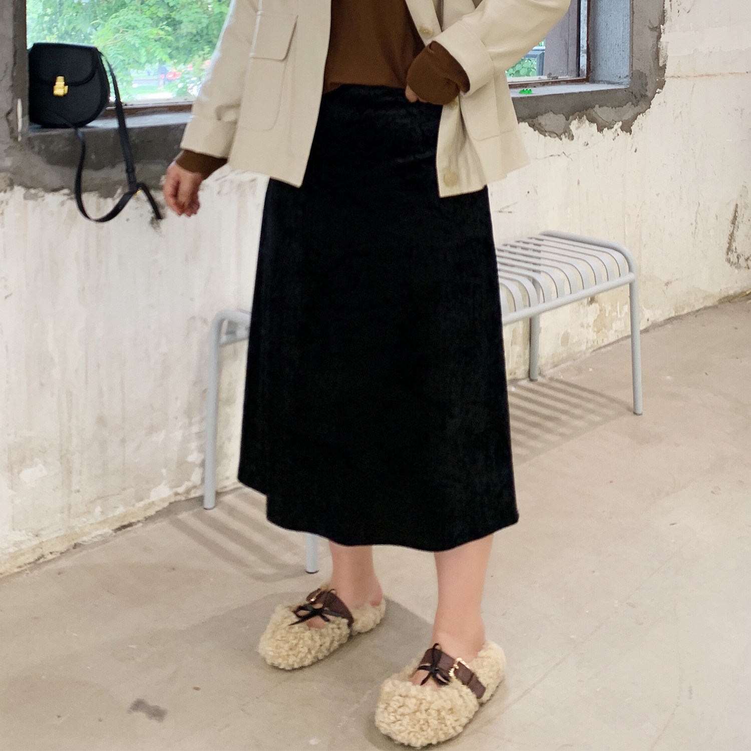 ALIN Custom large size women's clothing velvet half body dress Fat mm Fall new 2019 High waist display slim black A-word dress