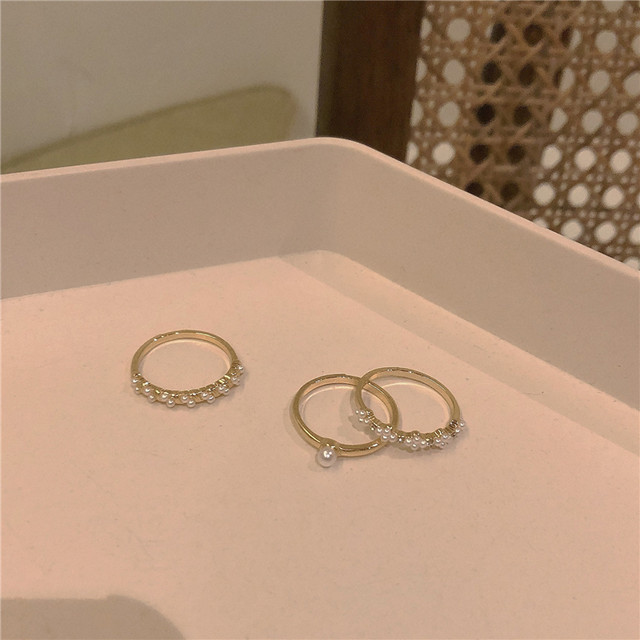 Pearl ring set 3-piece ~ Combination three-piece ring ins temperament Korean sweet food ring ວົງແຫວນອະເນກປະສົງສຳລັບຜູ້ຍິງ