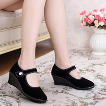 Old Beijing cloth shoes womens wedge high-heeled work shoes professional all-match work shoes black hotel cleaning cloth shoes