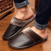 Winter home leather warm cotton slippers Mens and womens autumn and winter indoor home with non-slip thick bottom couple hairy shoes