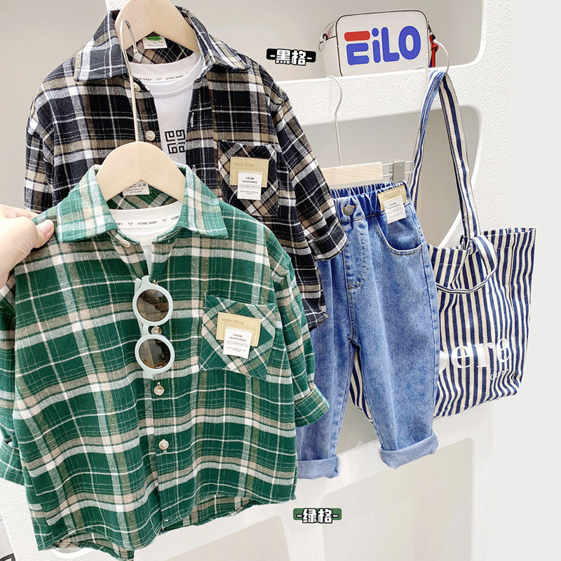 Korean version plaid child shirt foreign air baby pure cotton flip collar blouses blouses childlike boy dress boy long sleeve shirt-Taobao