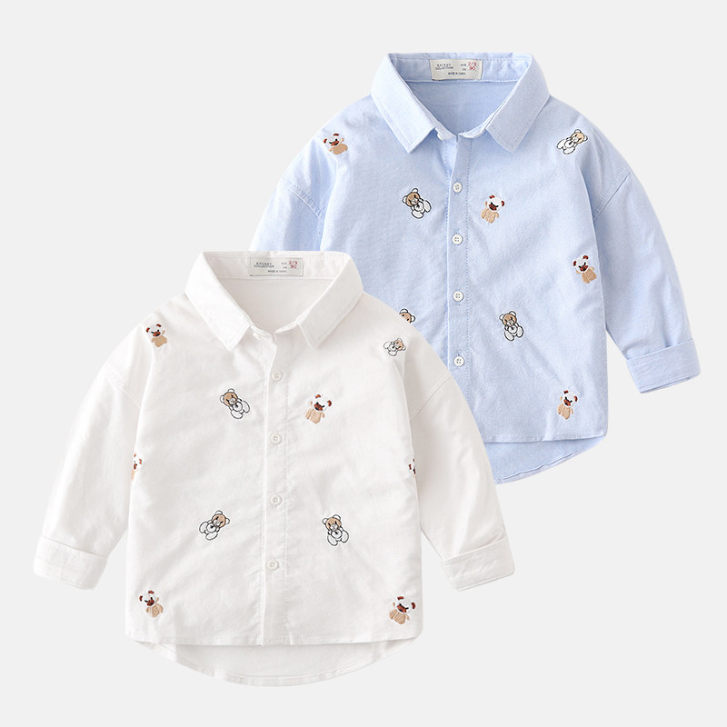 Embroidery Little Bear Children Shirts Pure Cotton Baby Casual Blouse Foreign Pie Autumn New Boy Dress Boy Long Sleeve Shirt