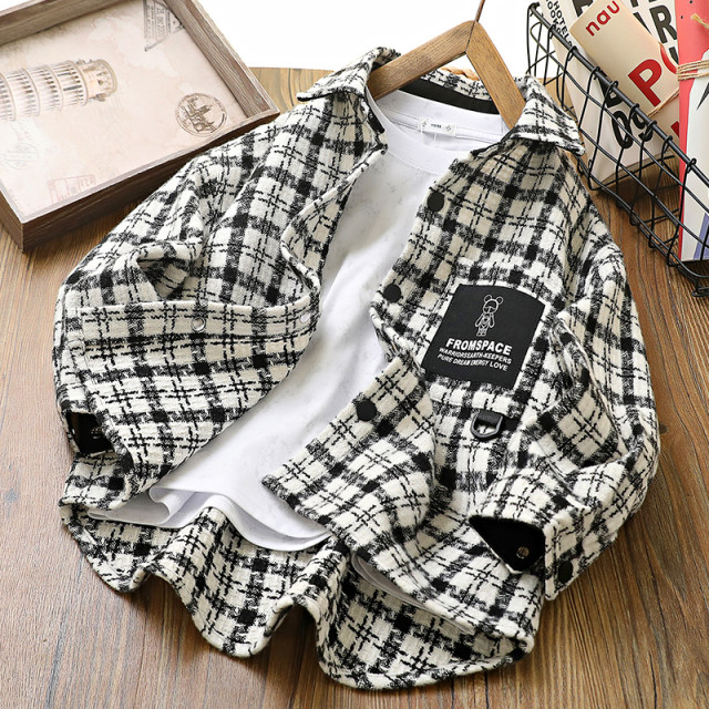 ເສື້ອຍືດເດັກນ້ອຍຊາຍ plaid, stylish boys casual lapel top 2024 ເສື້ອແຂນຍາວເດັກນ້ອຍໃຫມ່ລະດູໃບໄມ້ປົ່ງແລະດູໃບໄມ້ລົ່ນ