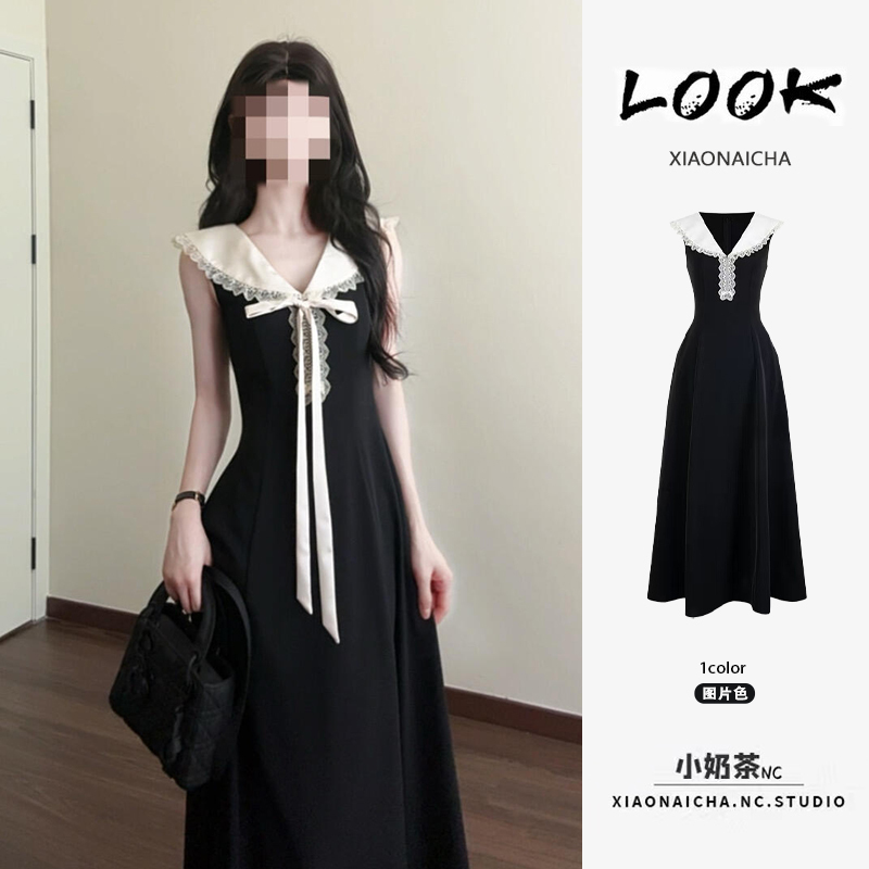 Korean Retro Black Lapel Sleeveless Vest Dress for Women, New Summer Style, Fashionable and Slim-Fitting Long Dress