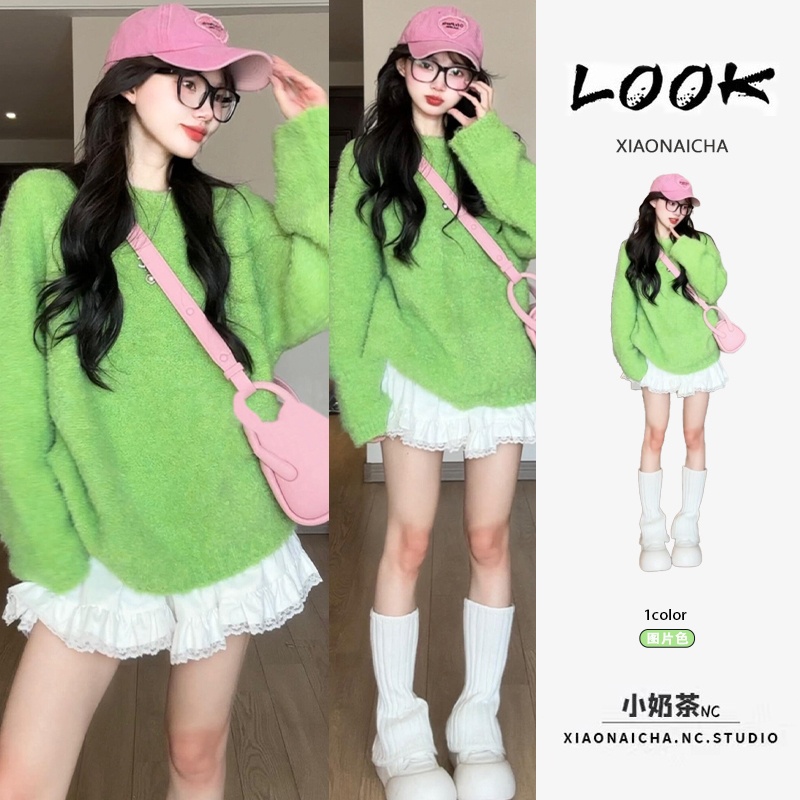 Lazy Style Retro Round Neck Green Knitwear Top for Women Autumn and Winter New Style Loose and Fashionable Long-Sleeved Knitwear for Small People