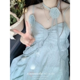 Пляжное синее летнее платье, приталенный корсет, длинная юбка, французский стиль, изысканный стиль