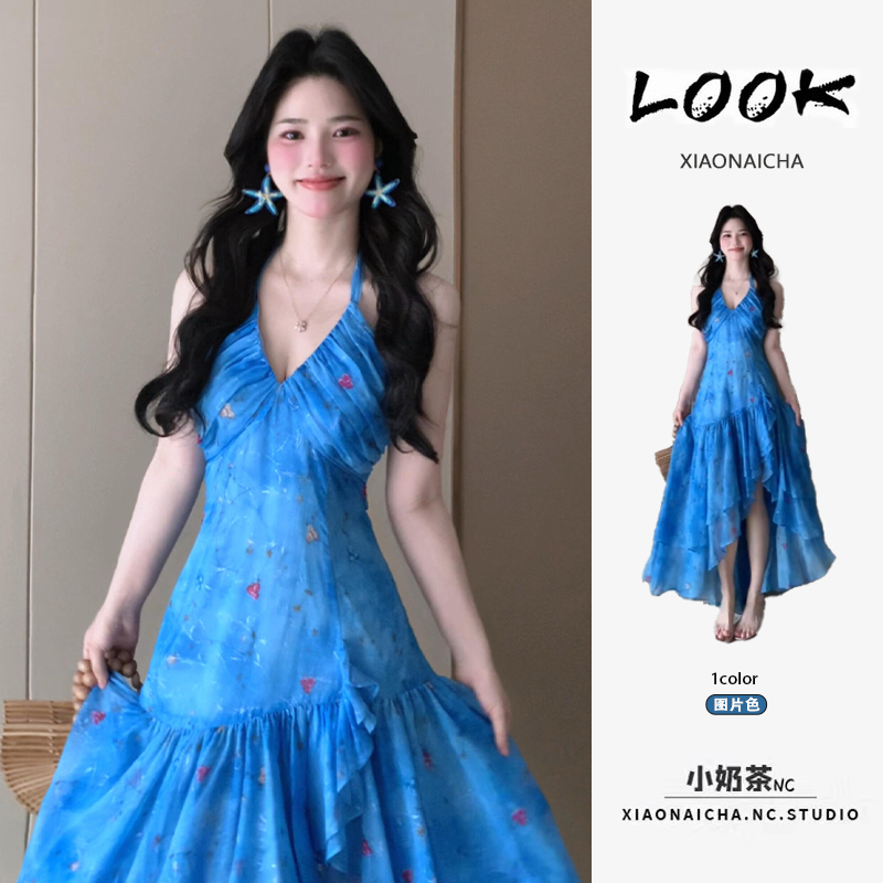 Resort Style Gradient Blue Smudged Suspender Dress for Women, Summer Design, Irregular Slimming Waist-Cinching Long Dress Resort Style Gradient Blue Smudged Suspender Dress for Women, Summer Design, Irregular Slimming Waist-Cinching Long Dress