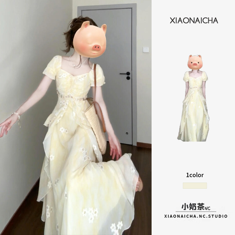 French Embroidered Chiffon Printed Yellow Dress for Women Summer Petite Sweet Loose Fairy High Waist Long Skirt French Embroidered Chiffon Printed Yellow Dress for Women Summer Petite Sweet Loose Fairy High Waist Long Skirt