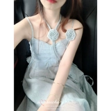 Пляжное синее летнее платье, приталенный корсет, длинная юбка, французский стиль, изысканный стиль