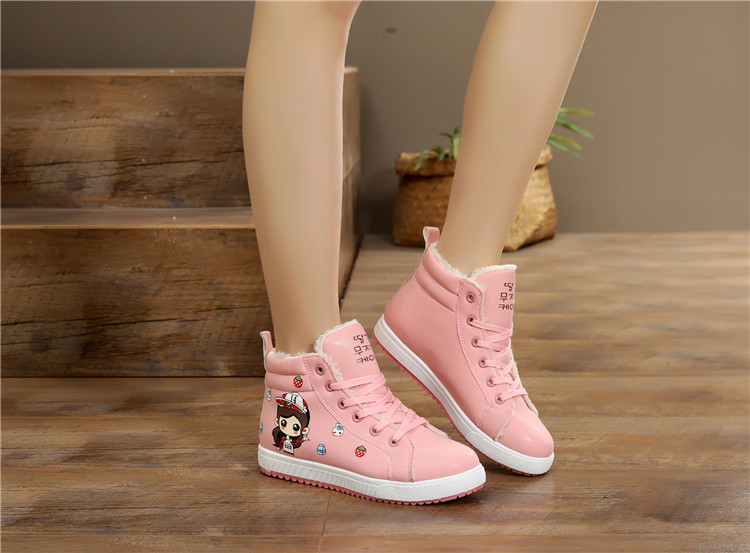 Cô gái dễ thương mùa đông giày thể thao cotton giày đế bằng phẳng cộng với giày chạy nhung Học sinh trung học cơ sở giữ ấm giày cao giày boot nữ cổ lửng