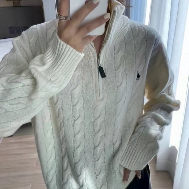 Casual Trendy Brand Embroidered Pony Sweater Half-Zip Knitwear Unisex Loose Cable Knit Old Money Base Layer Top