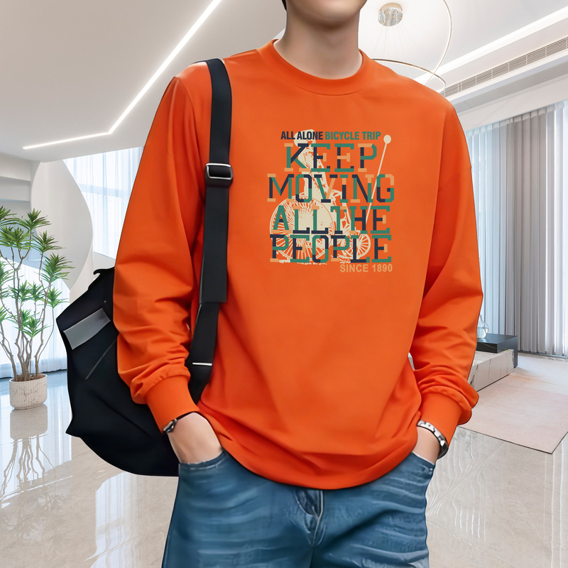 Hong Kong-Style Orange-Red Inspirational Pure Cotton Spring Long-Sleeved T-Shirt, Youth Fashion Base Shirt, Round Neck Loose Sportswear
