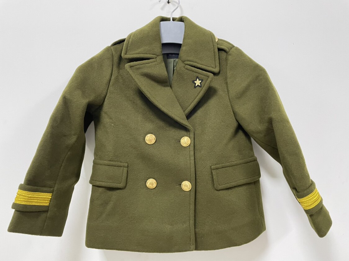 (children's) dark blue army green men and women wool double-row buttoned military uniform with short fur coats
