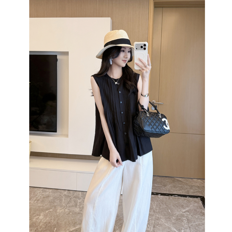 Fflala Paper Plane Niche Shirt Acetate Tencel Blend Blouse Summer Sleeveless Wrinkled Top for Women Stylish